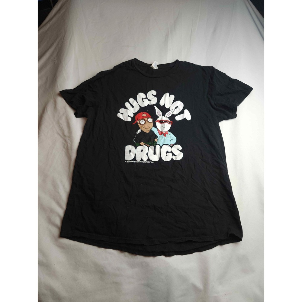VTG Arthur Hugs Not Drugs Graphic T-Shirt Black Mens L Buster Rabbit Retro Tee